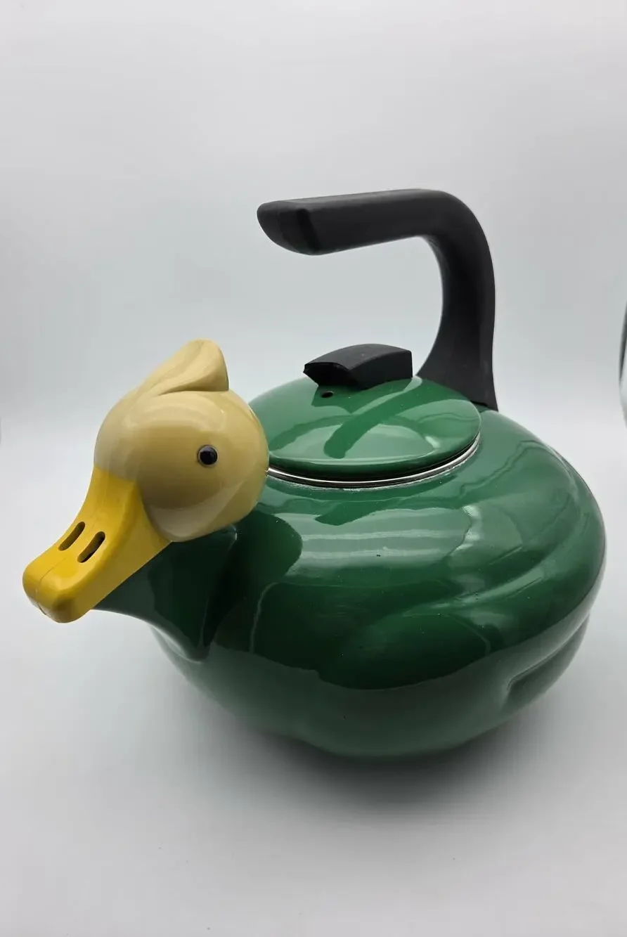 Vintage Kamenstein Green Enamelware Quackers Duck Whistling Tea Kettle Pot